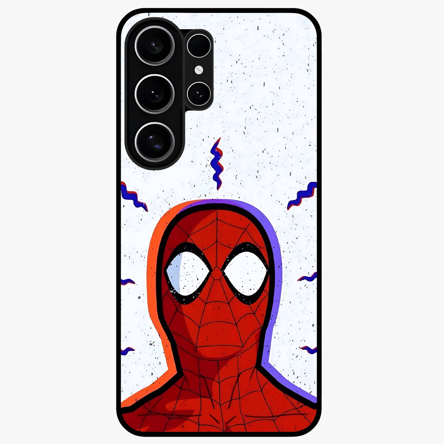 Omg Spiderman Glass Case showing flat back view with bold superhero inspired artwork and glossy glass finish.