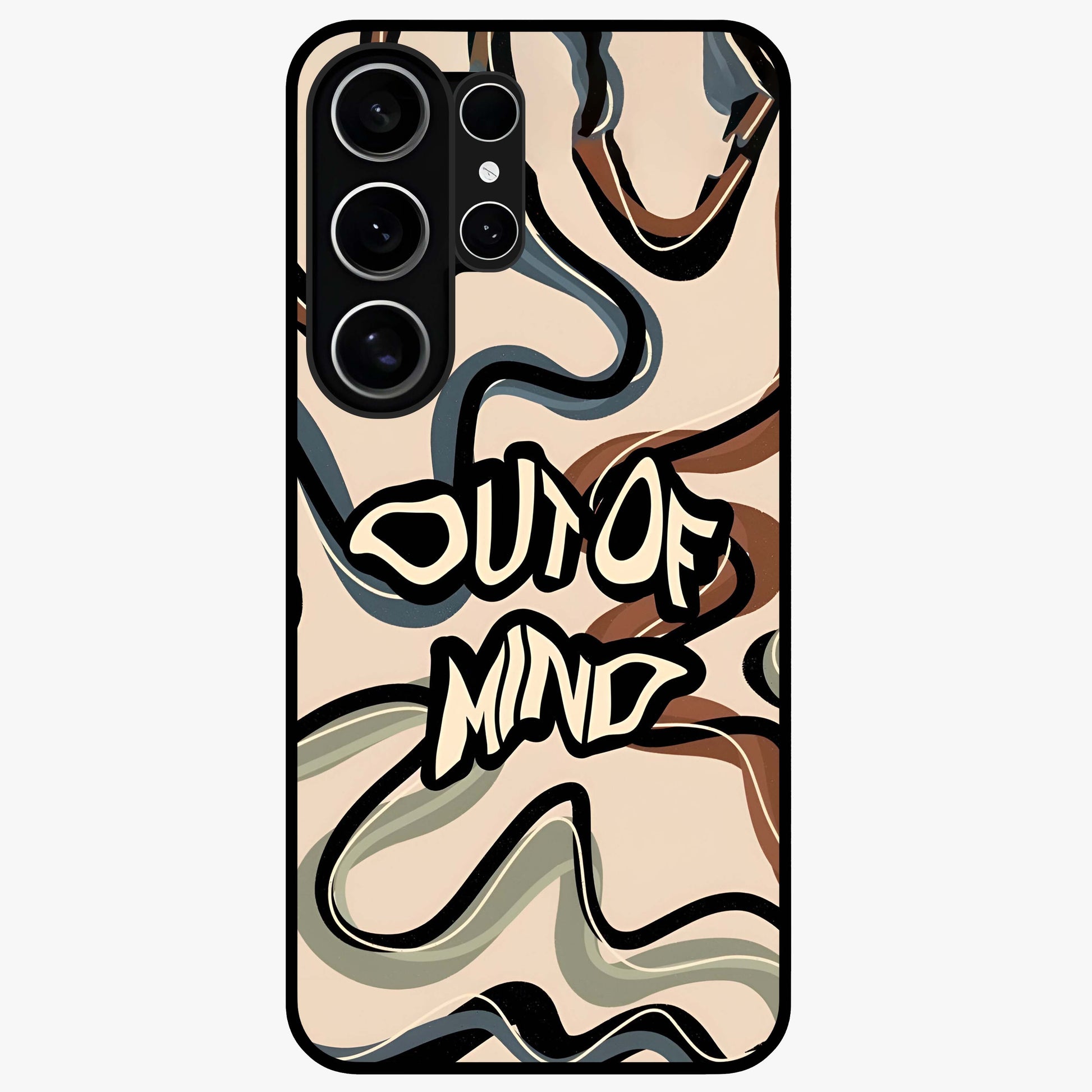 Out Of Mind Glass Case showing flat back view with expressive typography artwork and glossy glass finish.