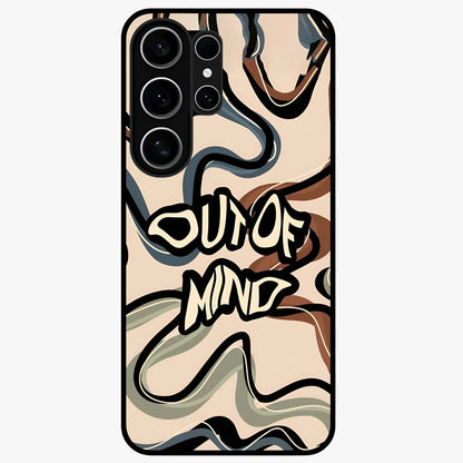 Out Of Mind Glass Case showing flat back view with expressive typography artwork and glossy glass finish.