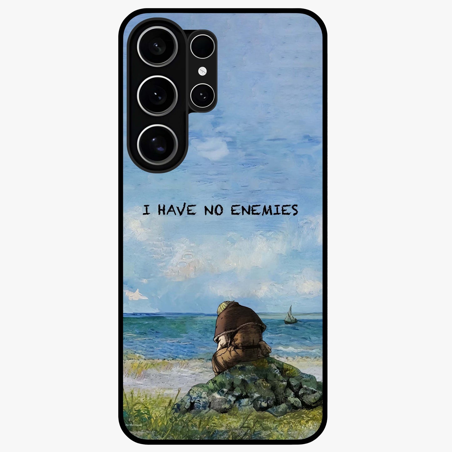 Peace Beyond War Glass Case showing flat back view with symbolic peace themed artwork and glossy glass finish.