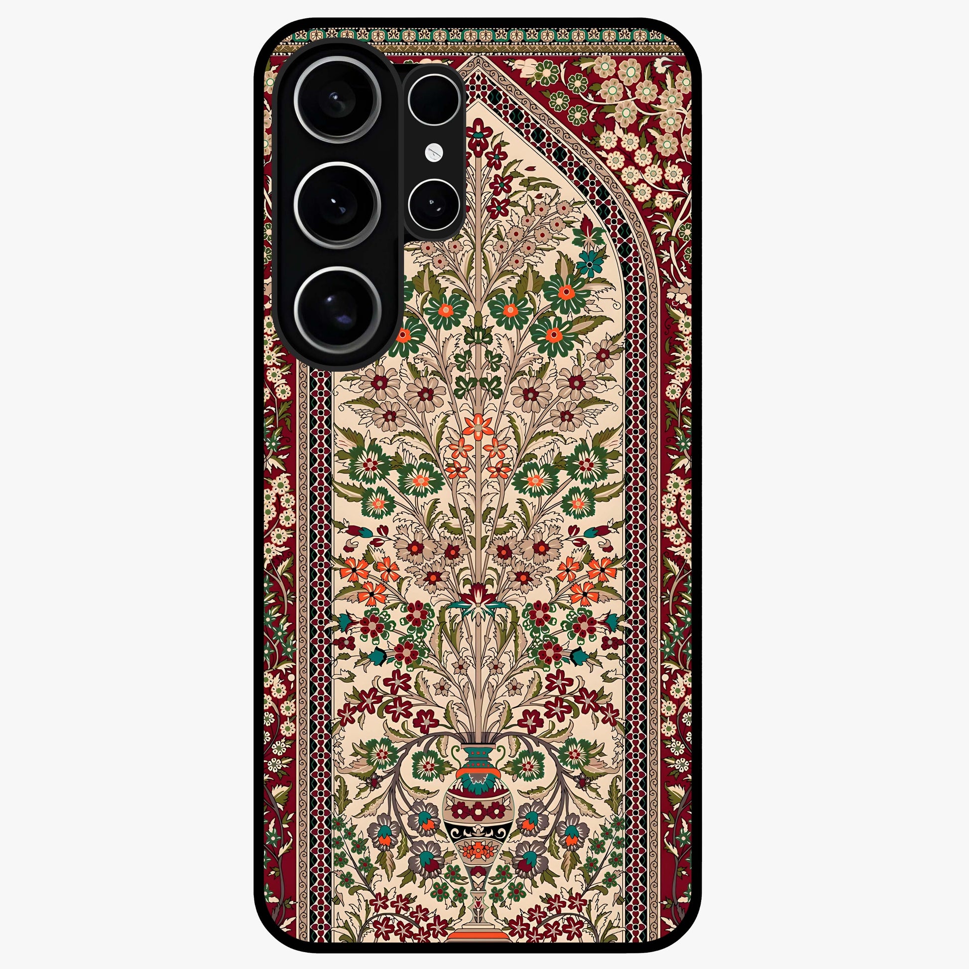 Persian Inspired Glass Case showing flat back view with ornate Persian style pattern artwork and glossy glass finish.