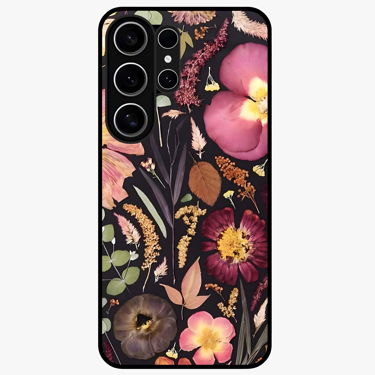 Petal Dream Tapestry Glass Case showing flat back view with intricate floral tapestry artwork and glossy glass finish.