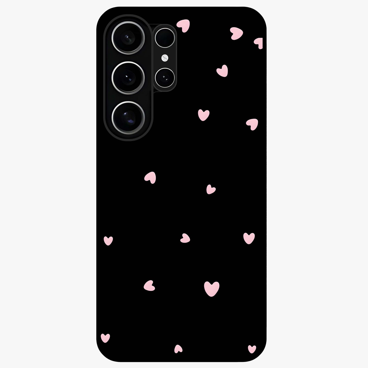 Pink Love Drops Glass Case showing flat back view with playful pink heart drops artwork and glossy glass finish.