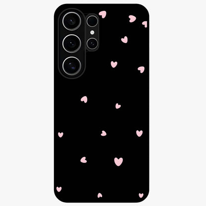 Pink Love Drops Glass Case showing flat back view with playful pink heart drops artwork and glossy glass finish.