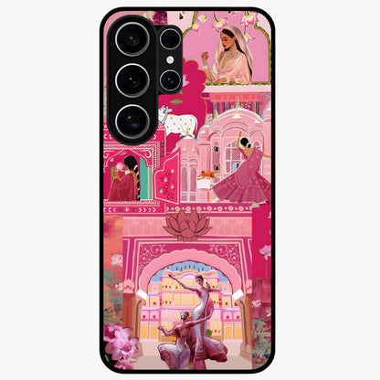 Pink Palace Muse Glass Case showing flat back view with elegant palace inspired artwork and glossy glass finish.