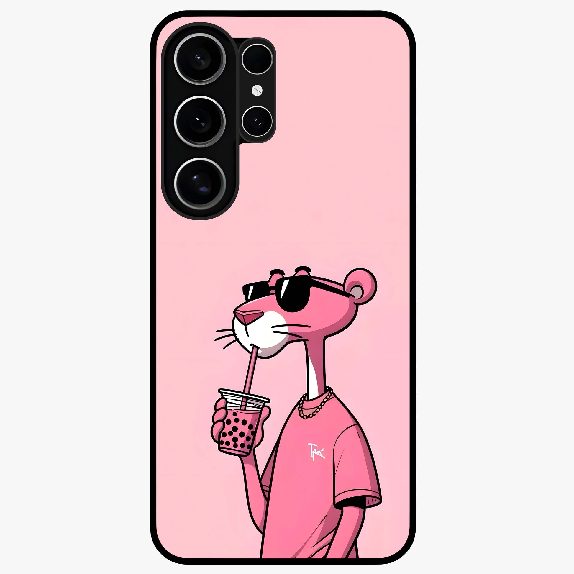 Pink Panther Glass Case showing flat back view with iconic pink panther artwork and glossy glass finish.