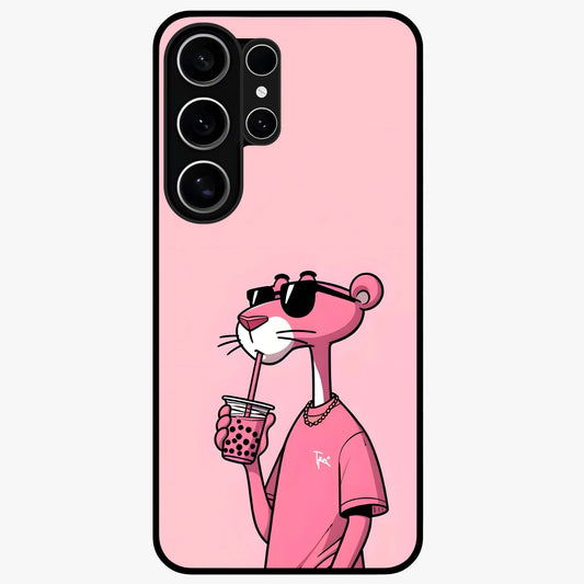 Pink Panther Glass Case showing flat back view with iconic pink panther artwork and glossy glass finish.