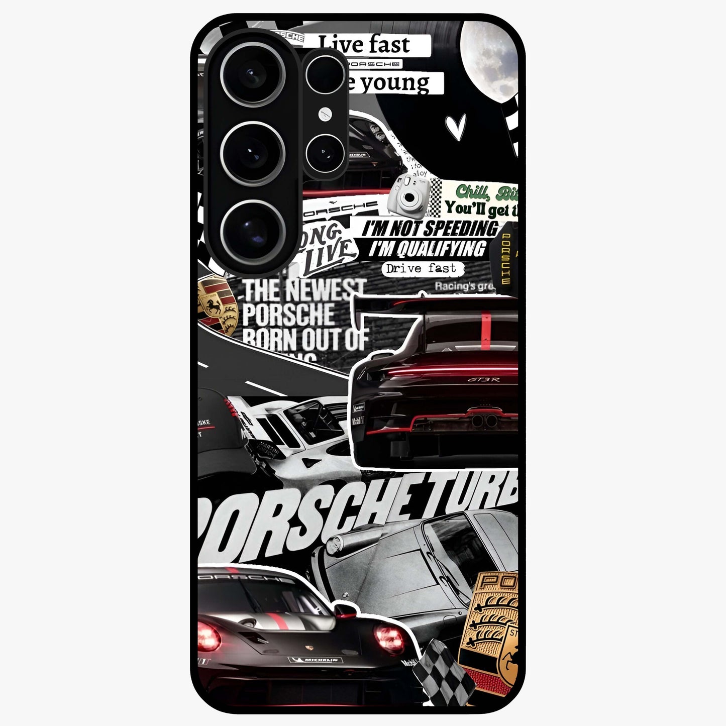 Porsche Racing Collage Glass Case showing flat back view with sports car racing collage artwork and glossy glass finish.