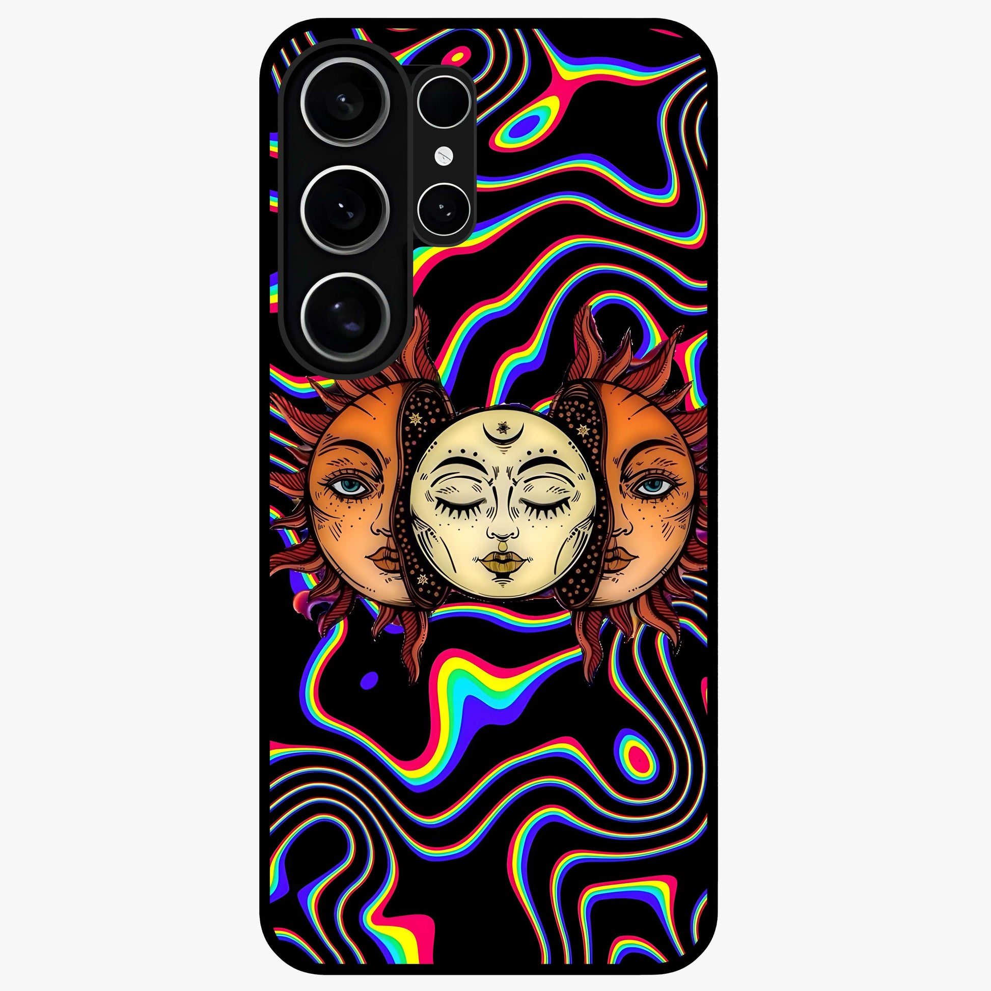 Psychedelic Sun Glass Case showing flat back view with colorful psychedelic sun artwork and glossy glass finish.