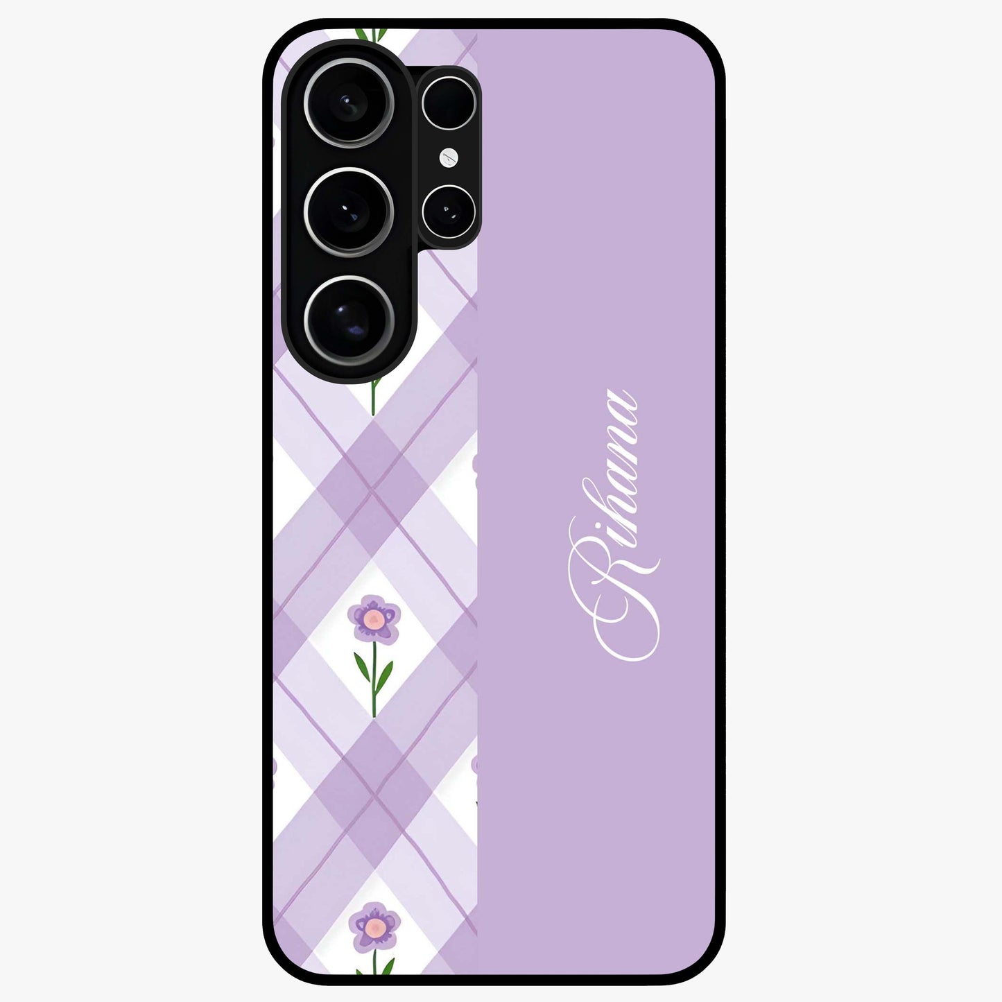 Purple Diamond Floral Glass Case showing flat back view with diamond shaped floral artwork and glossy glass finish.