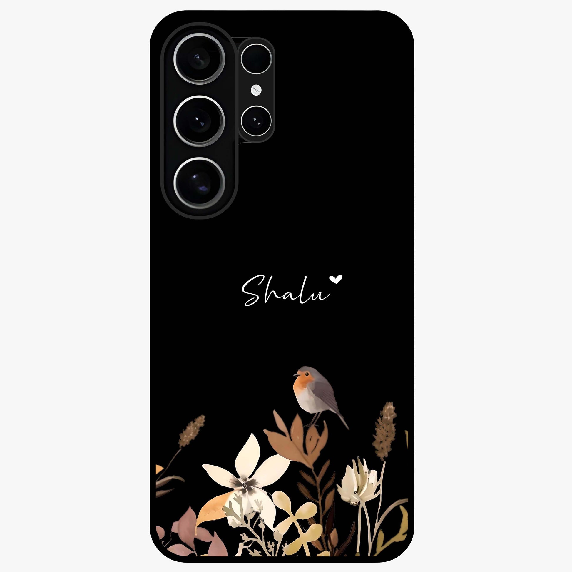 Quiet Garden Tune Custom Name Glass Case showing flat back view with peaceful garden artwork and personalized name design.