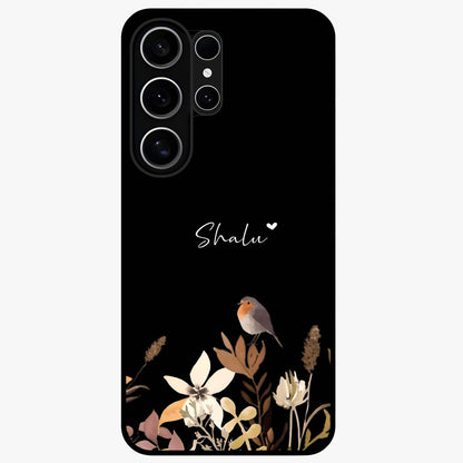 Quiet Garden Tune Custom Name Glass Case showing flat back view with peaceful garden artwork and personalized name design.