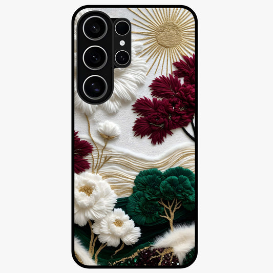 Radiant Bloom Elegance Glass Case showing flat back view with elegant blooming flower artwork and glossy glass finish.