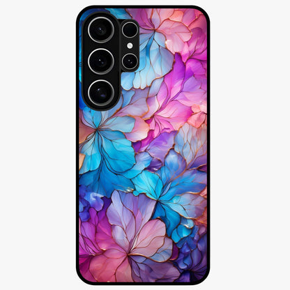 Radiant Floral Whirl Glass Case showing flat back view with swirling floral artwork and glossy glass finish.