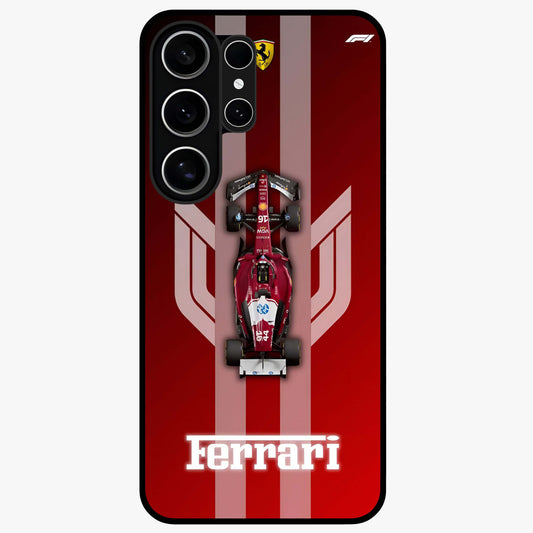 Red Ferrari F1 Vertical Glass Case showing flat back view with sleek Formula racing car artwork and glossy glass finish.