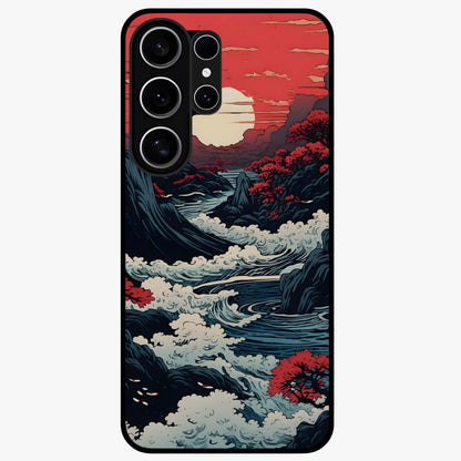 Red Sunset Scenery Glass Case showing flat back view with vibrant sunset landscape artwork and glossy glass finish.