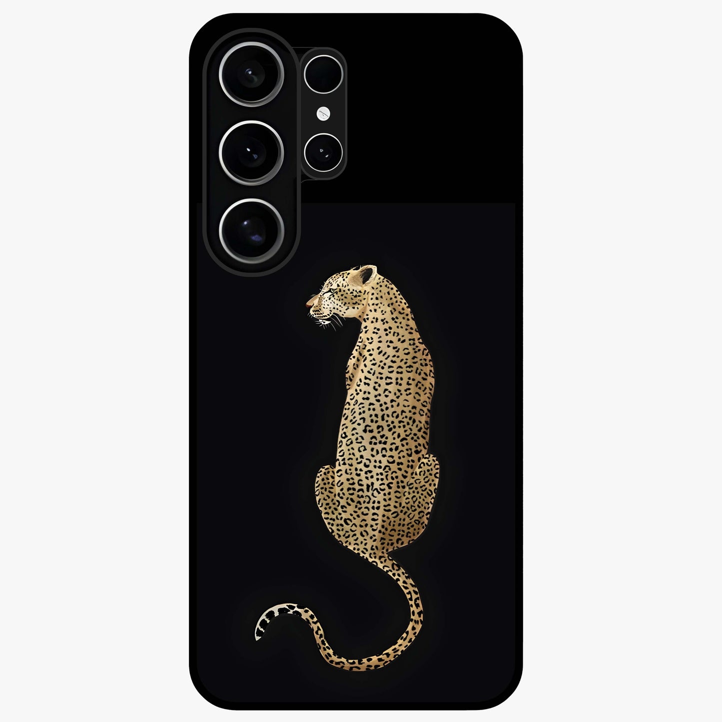 Regal Leopard Glass Case showing flat back view with bold leopard artwork and glossy glass finish.