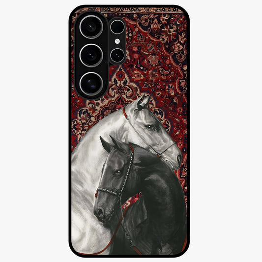 Regal Stallion Tapestry Glass Case showing flat back view with majestic horse tapestry artwork and glossy glass finish.