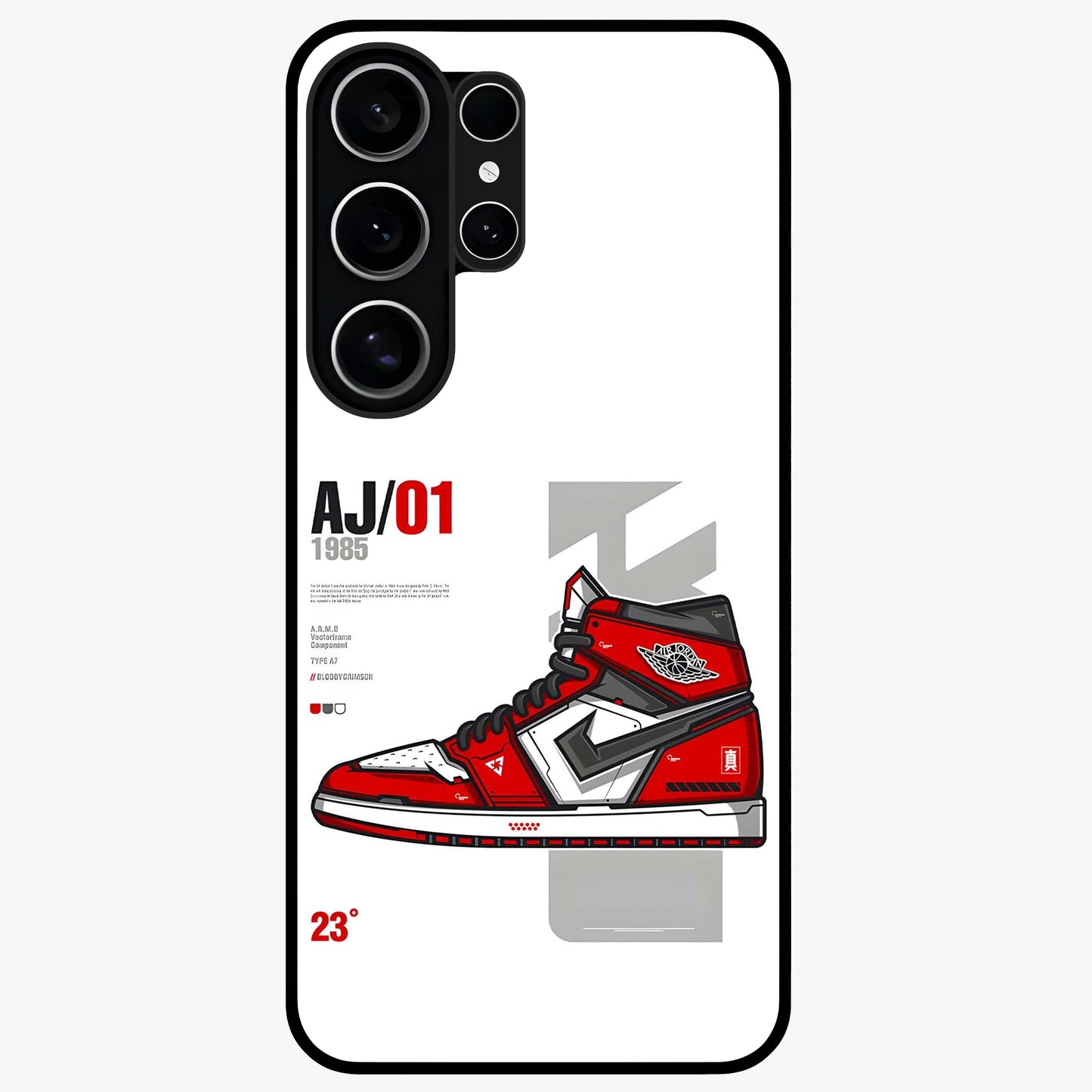 Retro Sneaker Blueprint Glass Case showing flat back view with sneaker blueprint style artwork and glossy glass finish.
