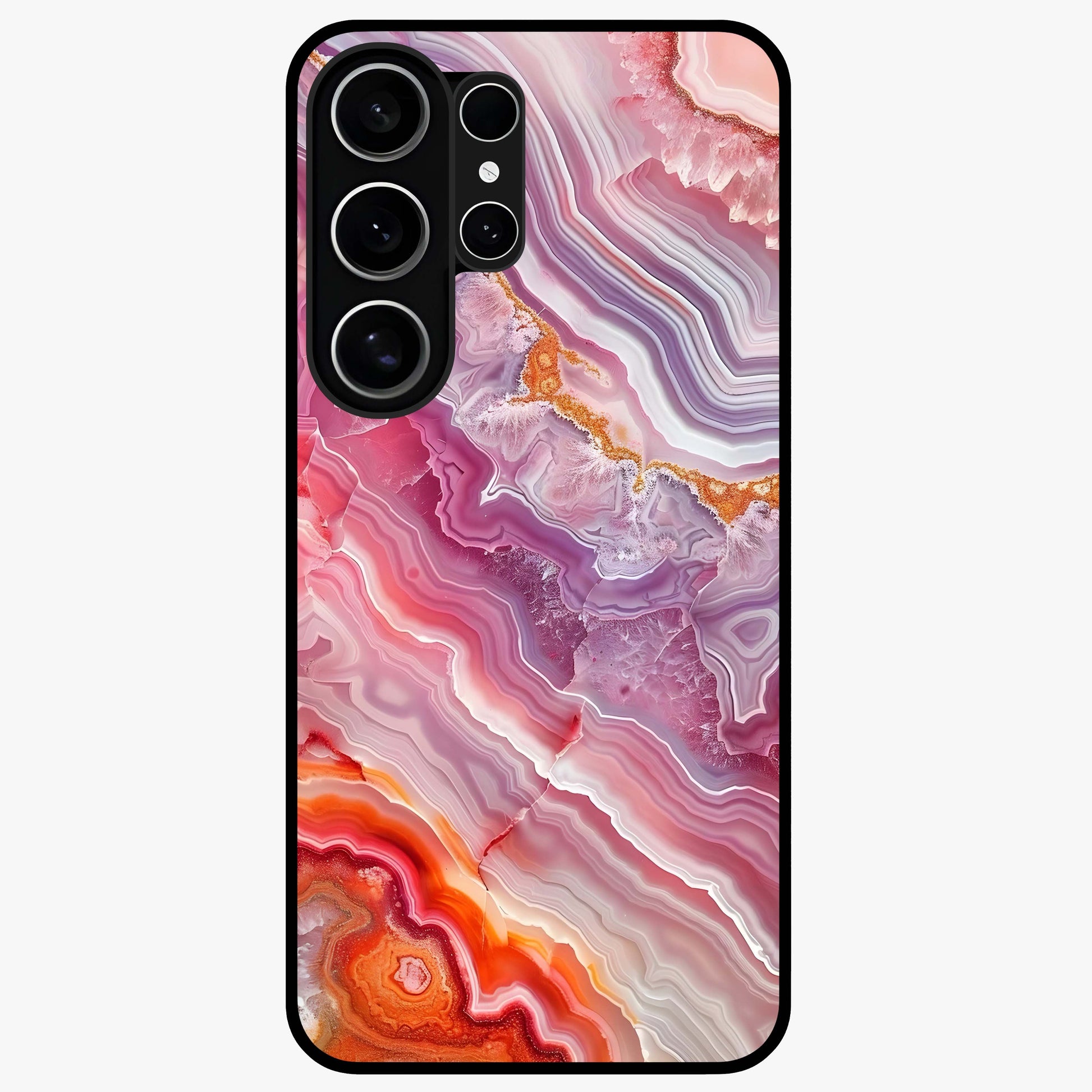 Rose Quartz Marble Glass Case showing flat back view with pink marble quartz texture artwork and glossy glass finish.