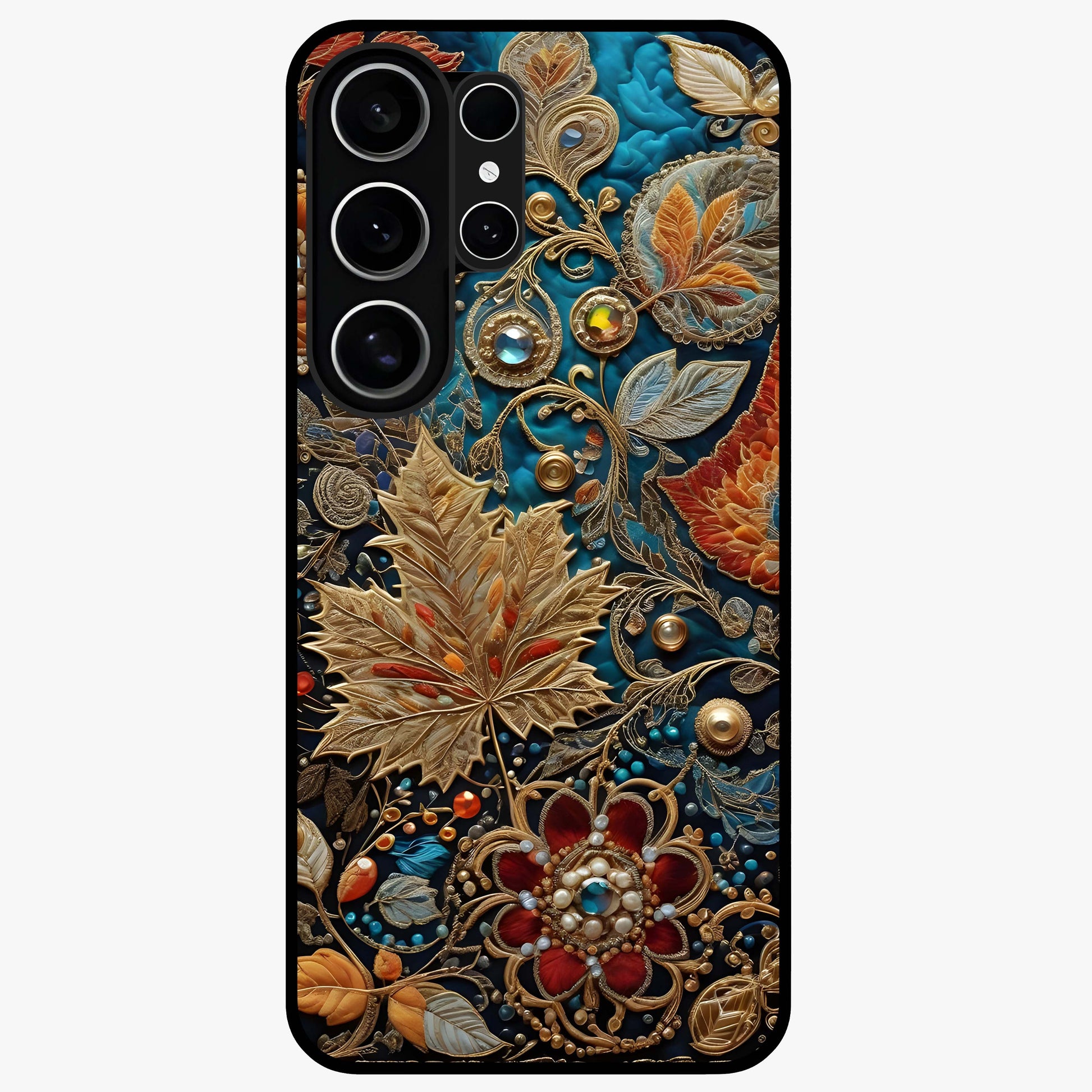 Royal Jewel Garden Glass Case showing flat back view with decorative floral garden artwork and glossy glass finish.