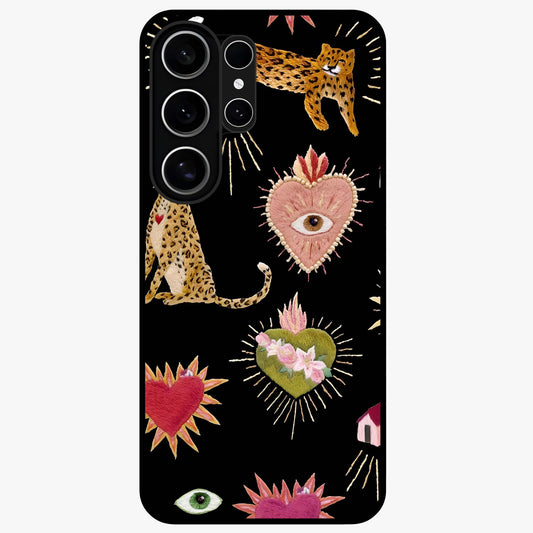 Sacred Jungle Heart Glass Case showing flat back view with jungle inspired heart artwork and glossy glass finish.