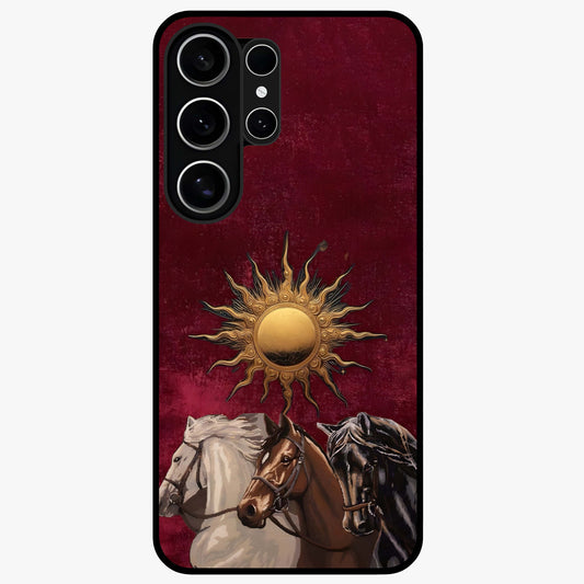 Solar Riders Glass Case showing flat back view with dynamic rider themed artwork and glossy glass finish.