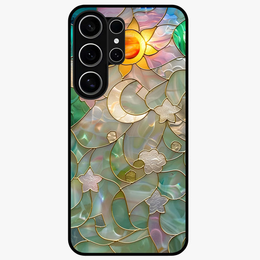 Stained Sunrise Glow Glass Case showing flat back view with glowing sunrise stained pattern artwork and glossy glass finish.