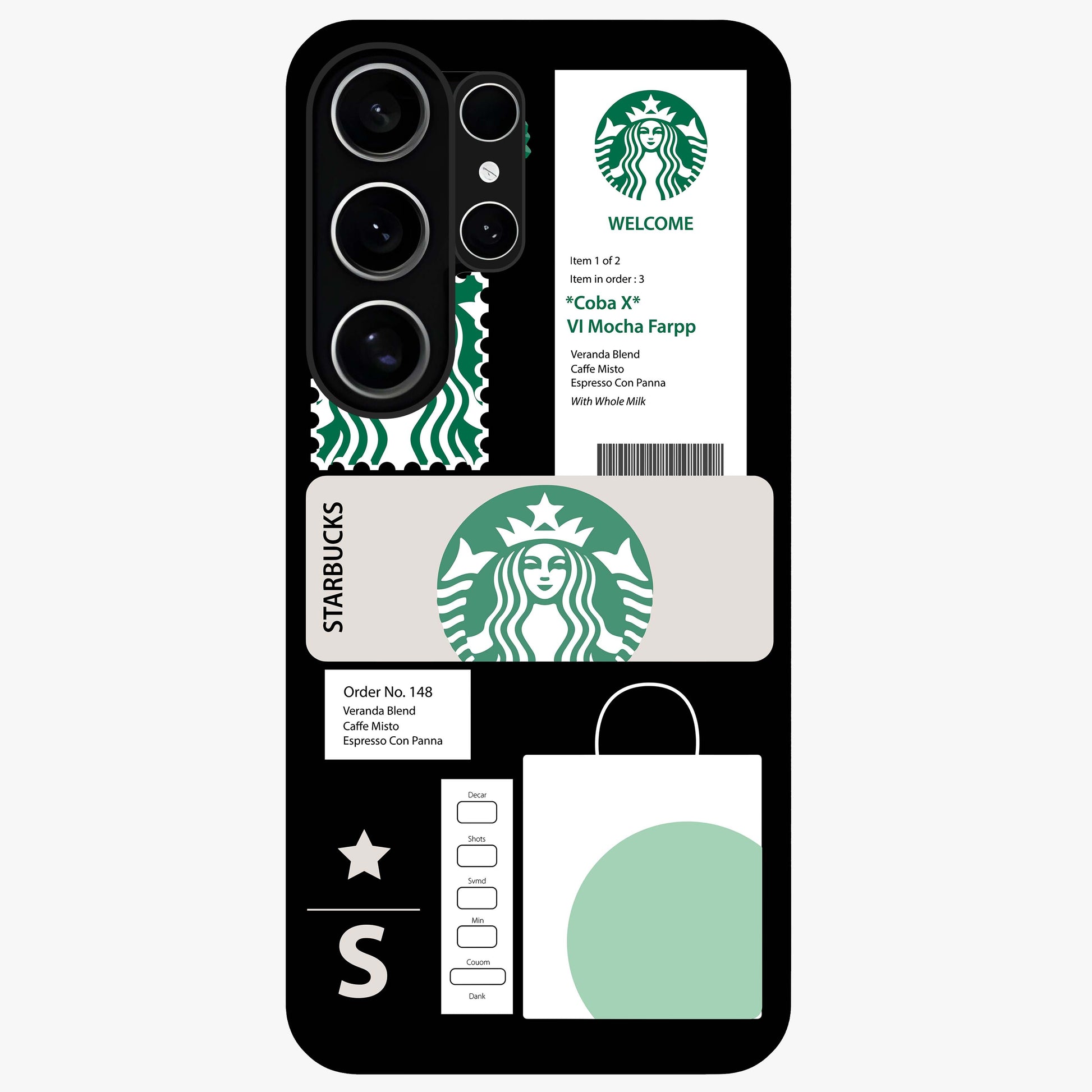 Starbucks Mocha Glass Case showing flat back view with coffee inspired artwork and glossy glass finish.