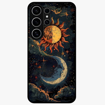 Sun And Moon Magic Design Glass Case showing flat back view with mystical sun and moon artwork and glossy glass finish.