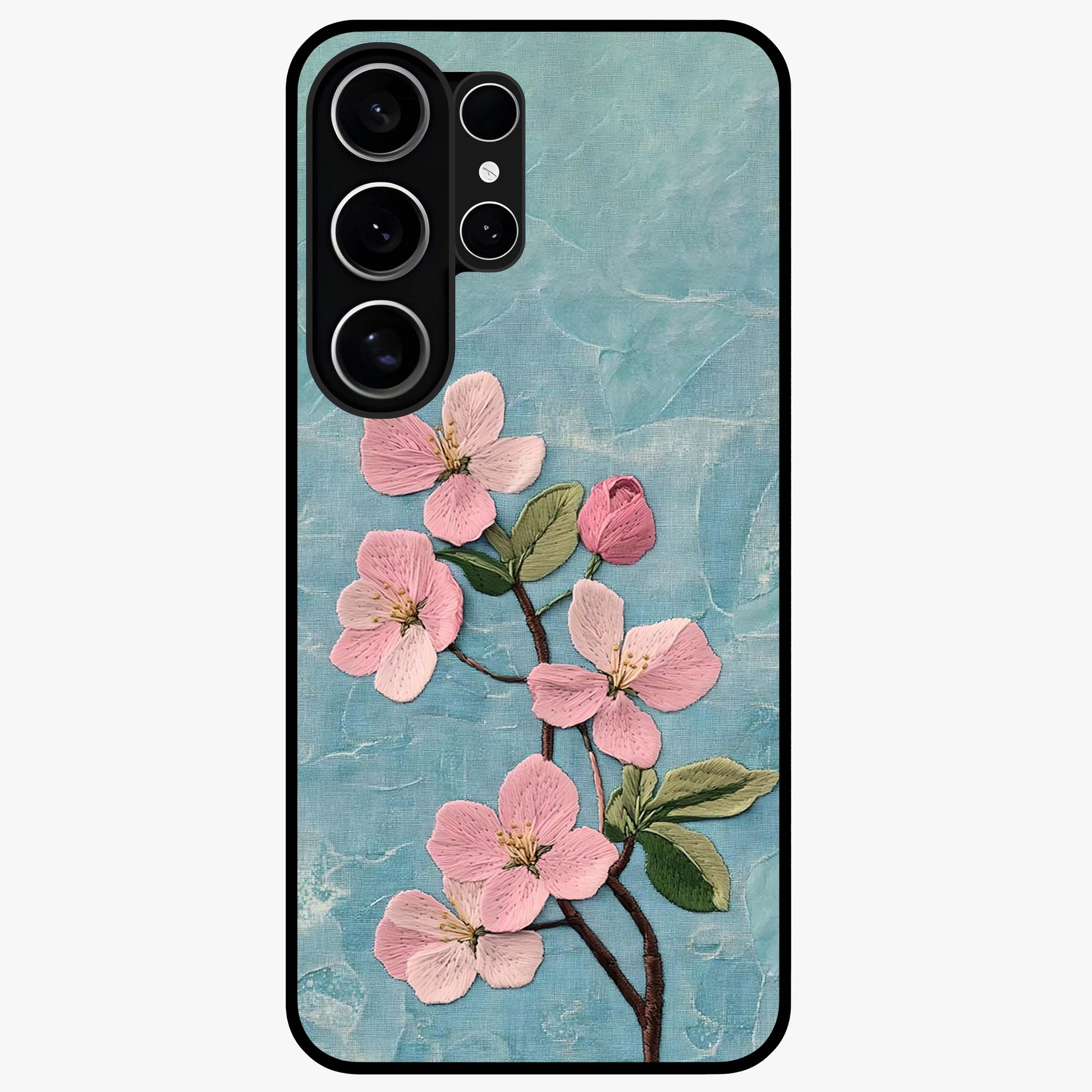 Threaded Blossom Breeze Glass Case showing flat back view with delicate blossom artwork and glossy glass finish.