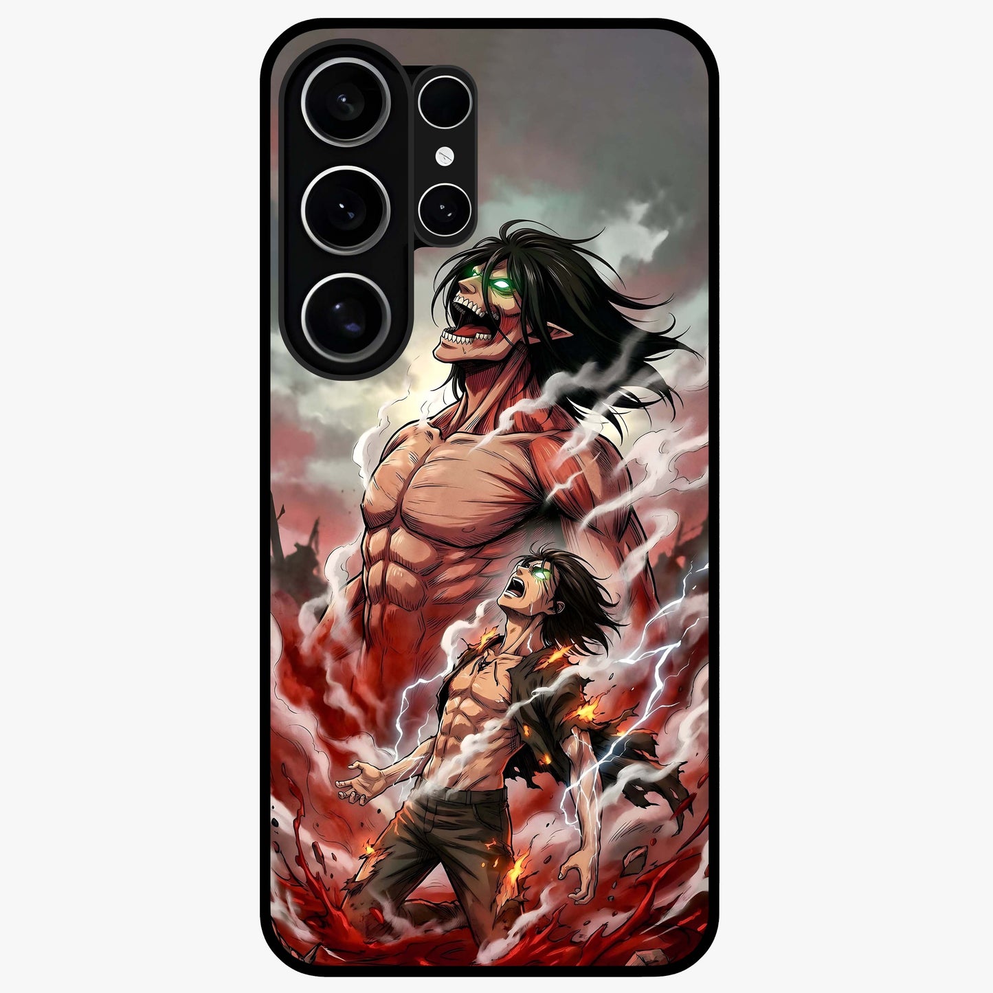 Titan Awakening Fury Glass Case showing flat back view with powerful titan inspired artwork and glossy glass finish.