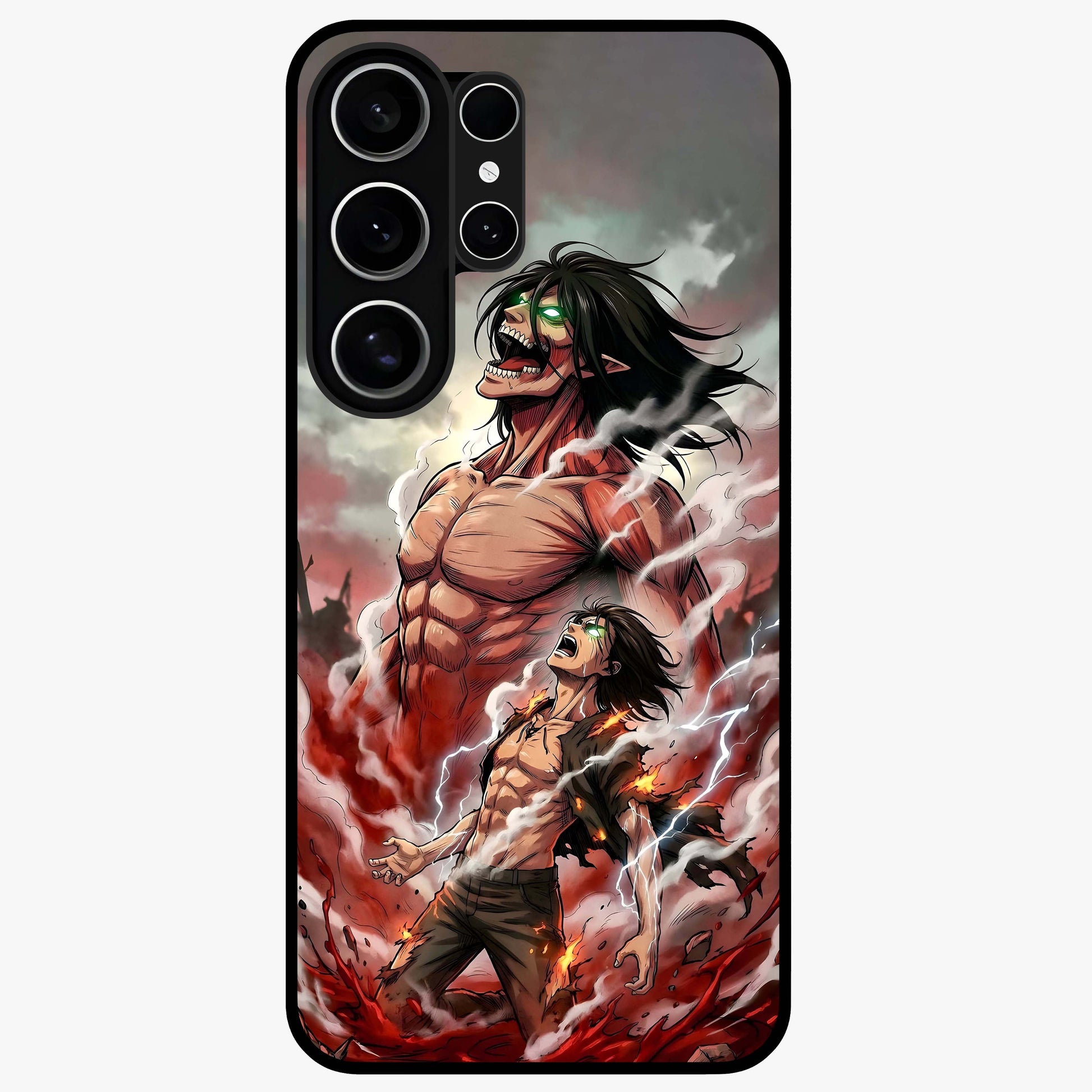 Titan Awakening Fury Glass Case showing flat back view with powerful titan inspired artwork and glossy glass finish.