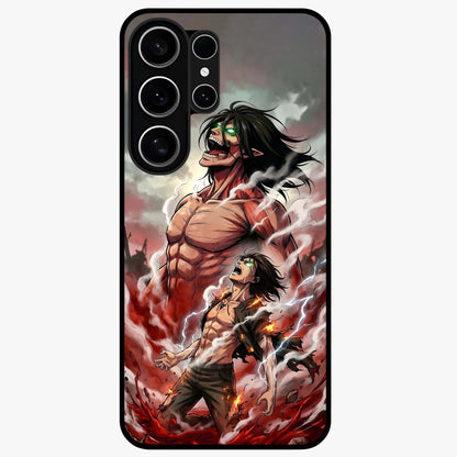Titan Awakening Fury Glass Case showing flat back view with powerful titan inspired artwork and glossy glass finish.