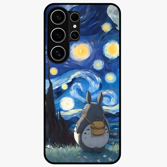 Totoro In Van Gogh Art Glass Case showing flat back view with whimsical character artwork inspired by Van Gogh style and glossy glass finish.