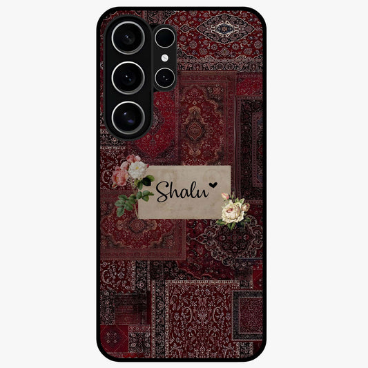 Velvet Wine Pattern Custom Name Glass Case showing flat back view with elegant wine colored pattern artwork and personalized name design.