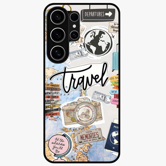 Wanderlust Journal Glass Case showing flat back view with travel inspired artwork and glossy glass finish.