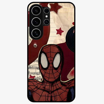 Web Warrior Vibes Glass Case showing flat back view with superhero inspired web themed artwork and glossy glass finish.