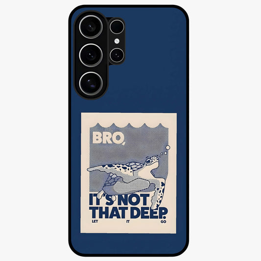 Worry Less Swim Glass Case showing flat back view with playful motivational artwork and glossy glass finish.