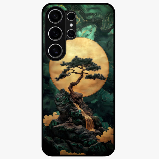 Zen Moon Rise Glass Case showing flat back view with calm moonrise artwork and glossy glass finish.