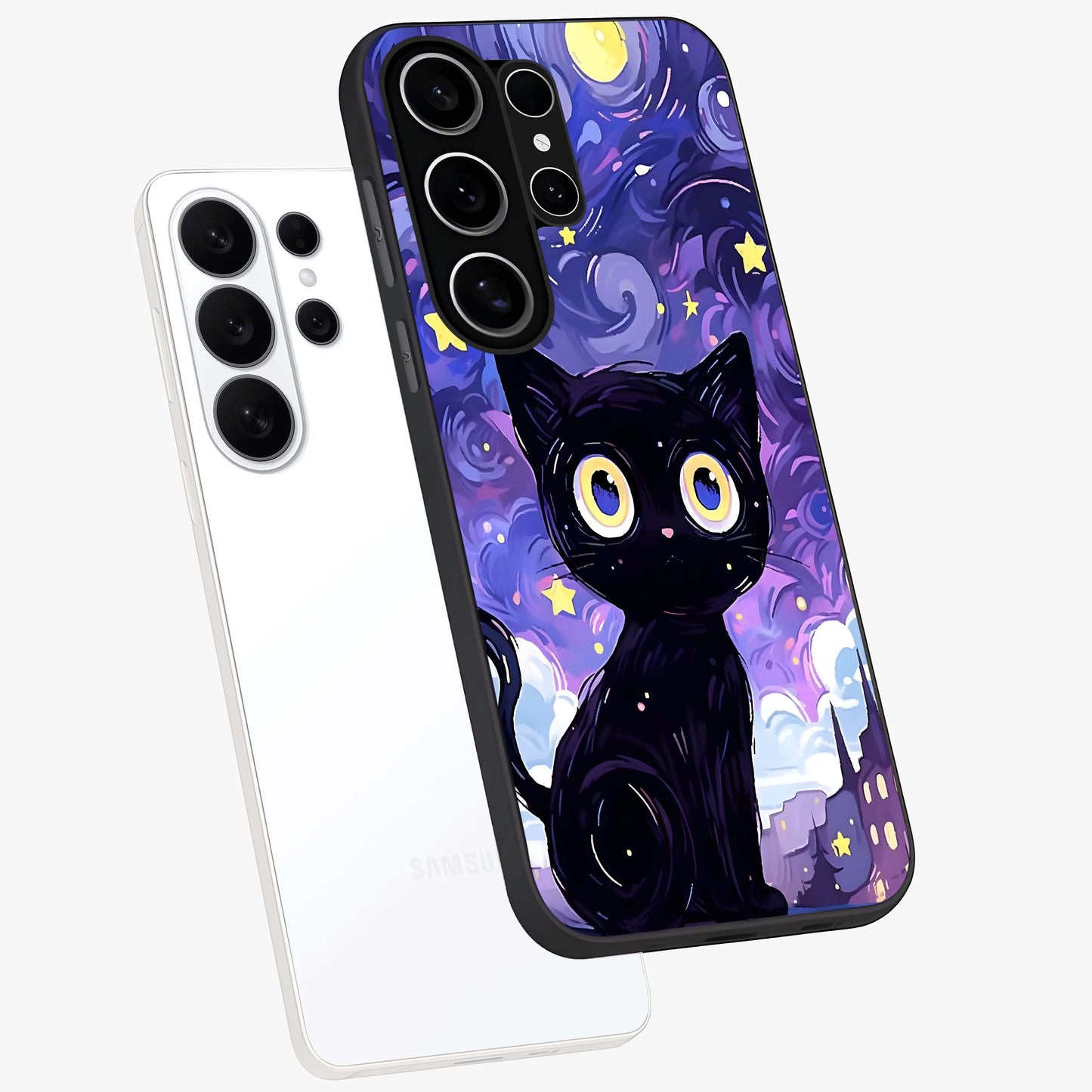 Abstract Cat Art Glass Case displayed in angled mockup highlighting modern abstract cat artwork and sleek glass surface.
