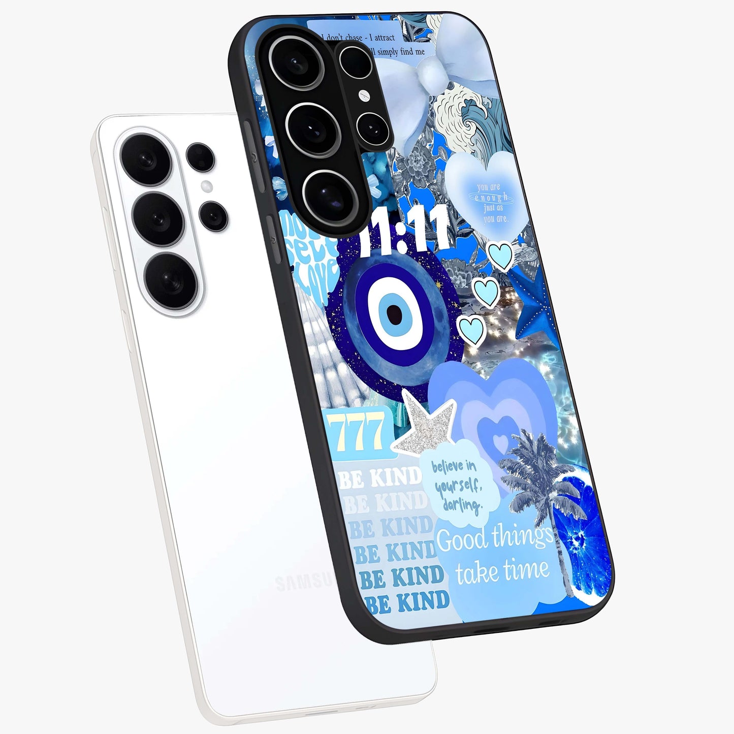 Aesthetic Be Kind Eye Glass Case displayed in angled mockup highlighting aesthetic eye design and inspirational vibe.