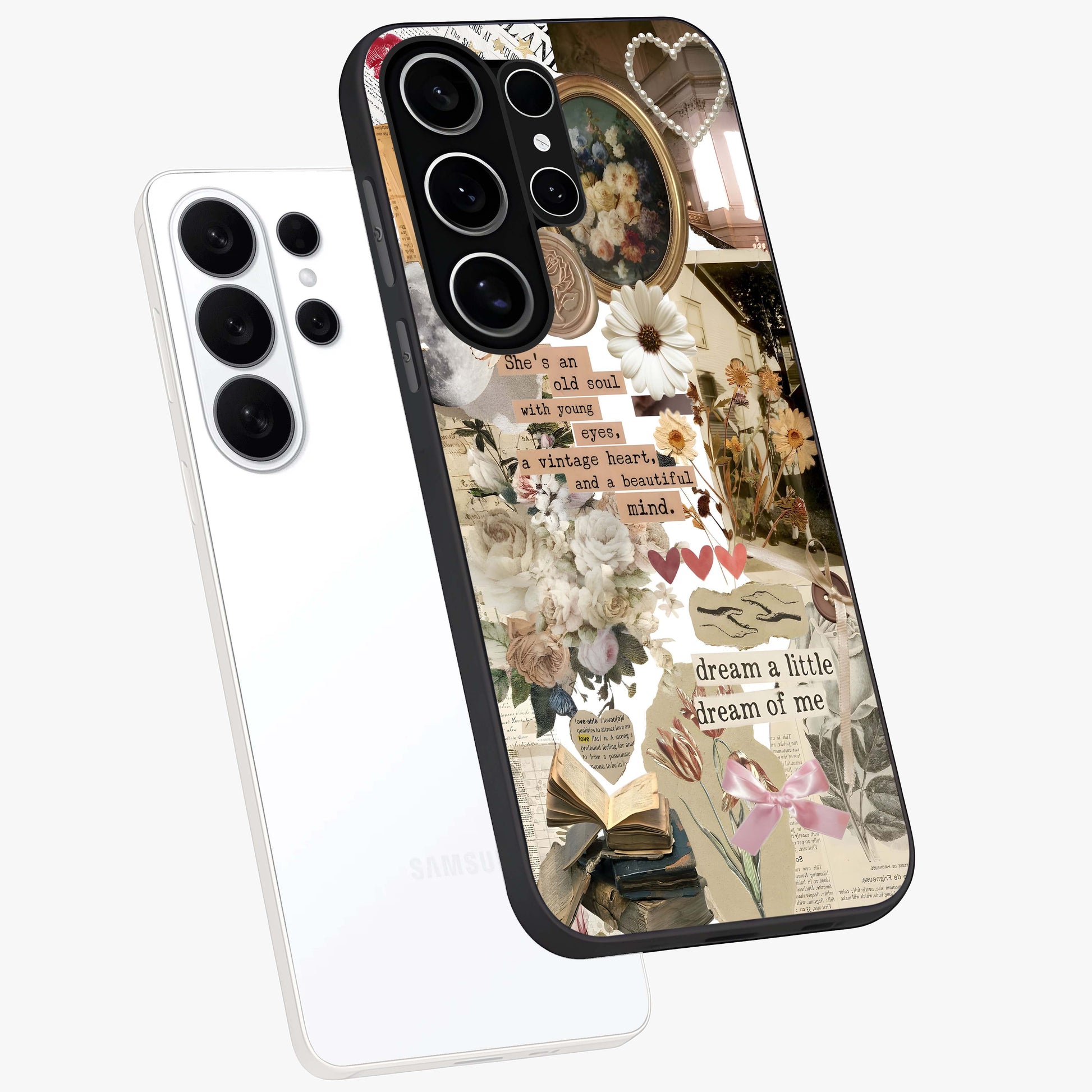 Aesthetic Brown Vintage Collage Glass Case displayed in angled mockup highlighting vintage aesthetic collage design.