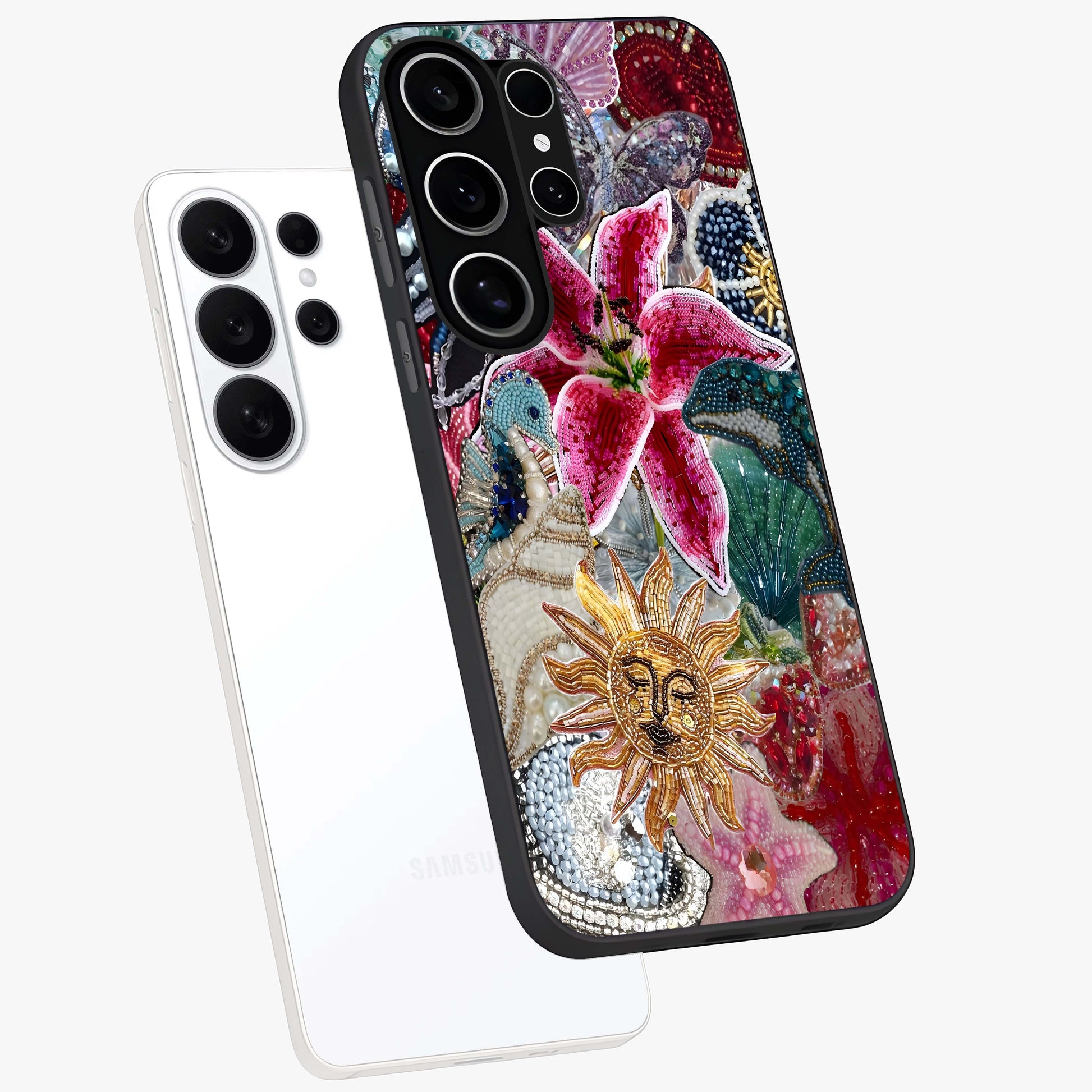 Beaded Garden Fantasy Glass Case displayed in angled mockup highlighting fantasy inspired floral bead pattern.