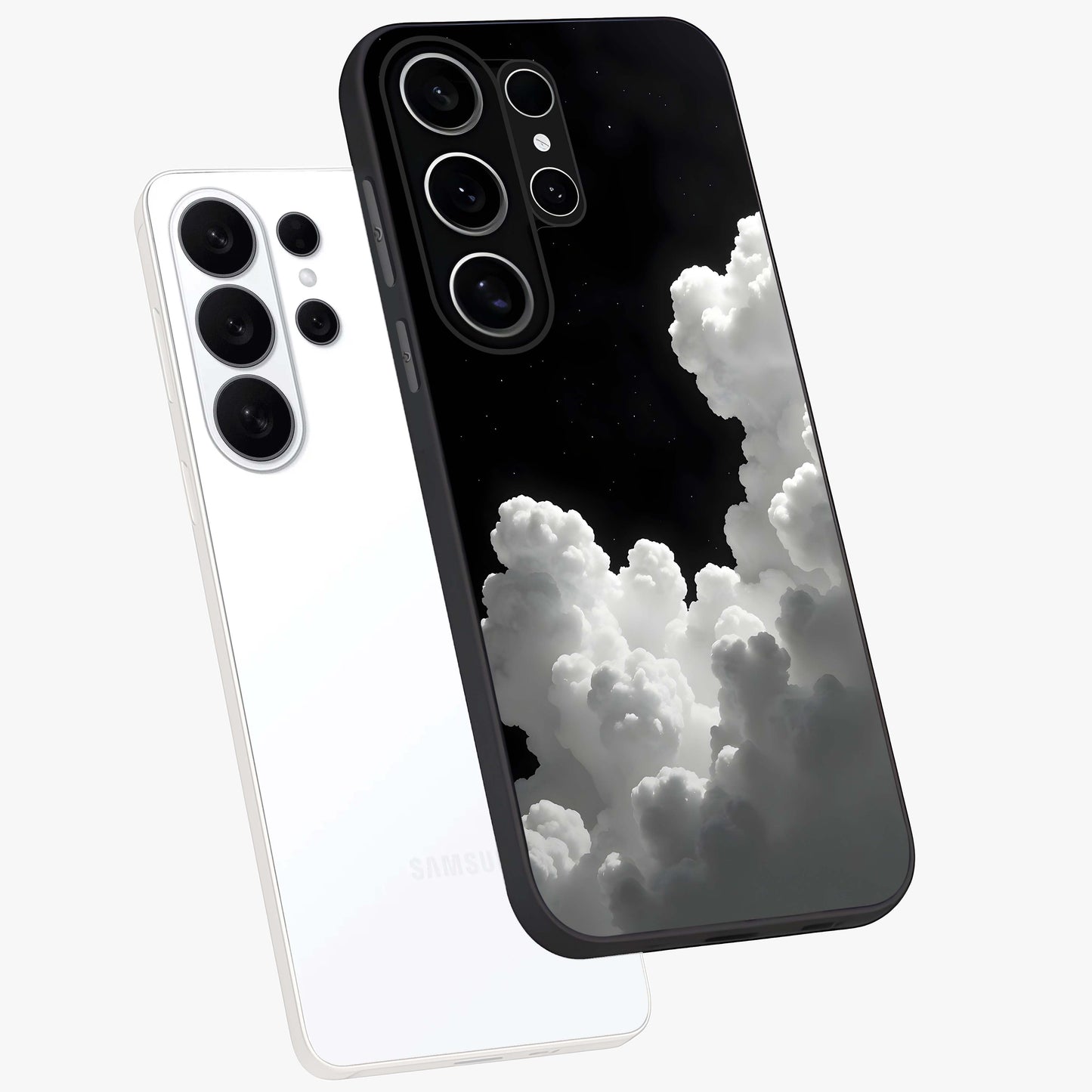 Black Background With White Cloud Glass Case displayed in angled mockup highlighting soft white cloud illustration and minimal design.