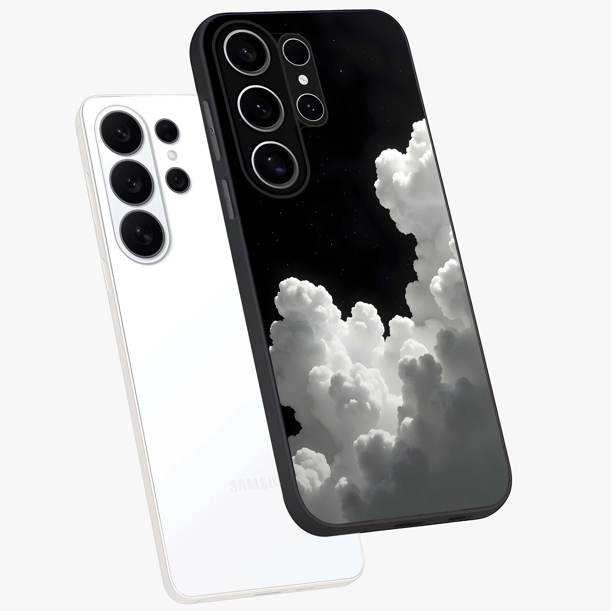 Black Background With White Cloud Glass Case displayed in angled mockup highlighting soft white cloud illustration and minimal design.