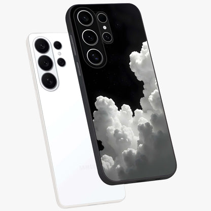 Black Background With White Cloud Glass Case displayed in angled mockup highlighting soft white cloud illustration and minimal design.