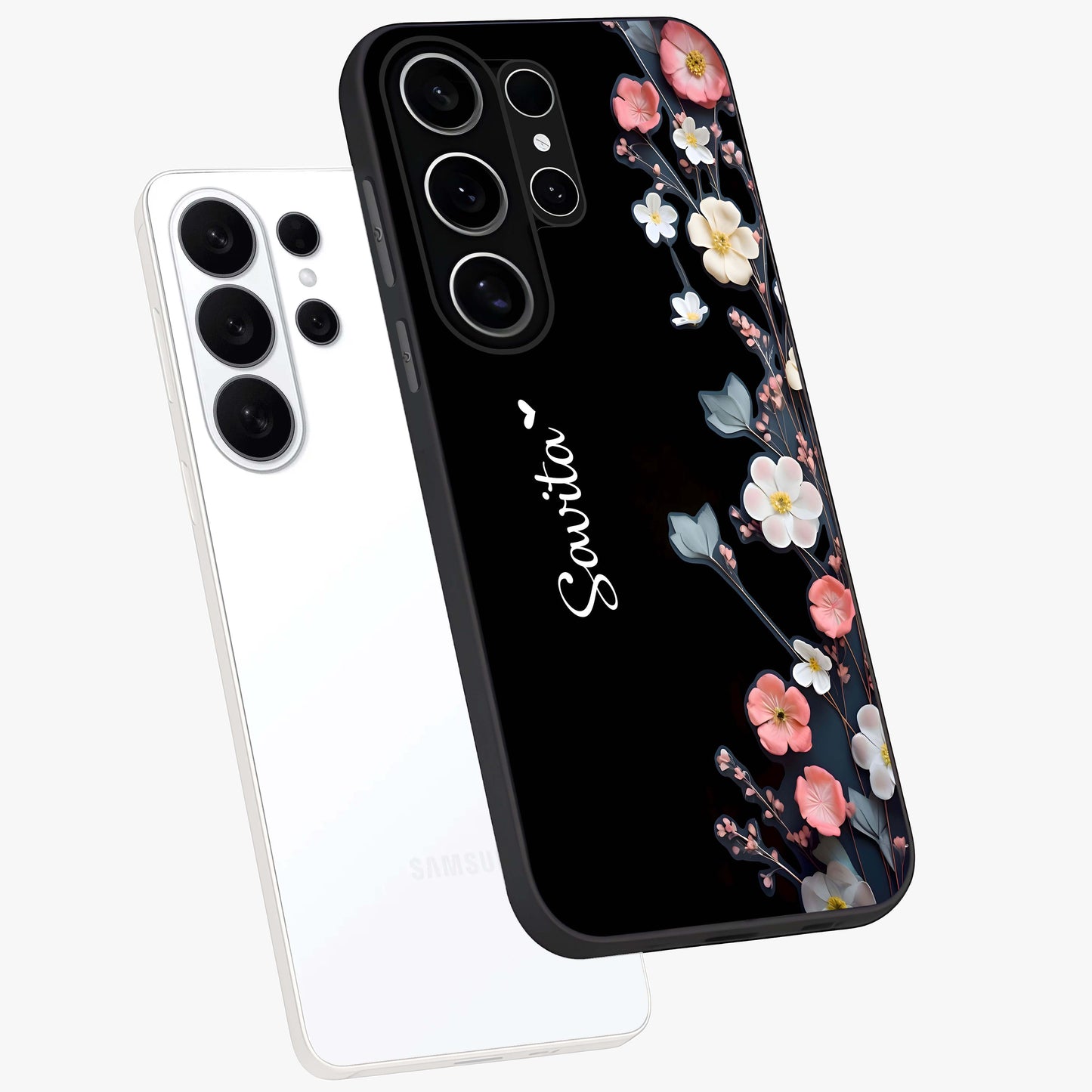 Black Elegance Floral Custom Name Glass Case displayed in angled mockup highlighting dark floral aesthetic and custom name feature.