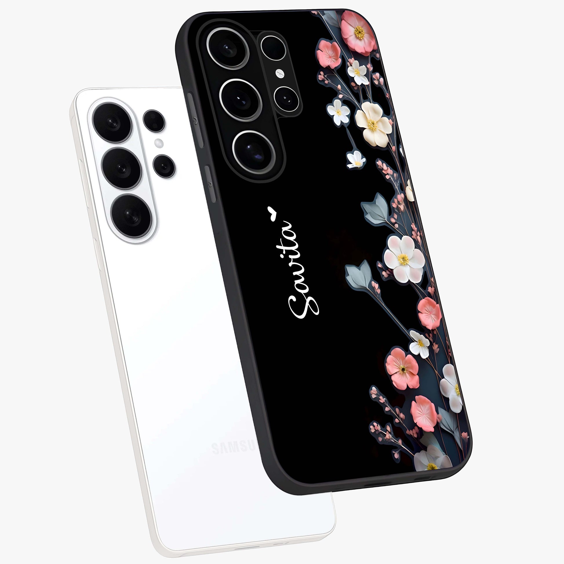 Black Elegance Floral Custom Name Glass Case displayed in angled mockup highlighting dark floral aesthetic and custom name feature.