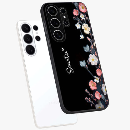 Black Elegance Floral Custom Name Glass Case displayed in angled mockup highlighting dark floral aesthetic and custom name feature.